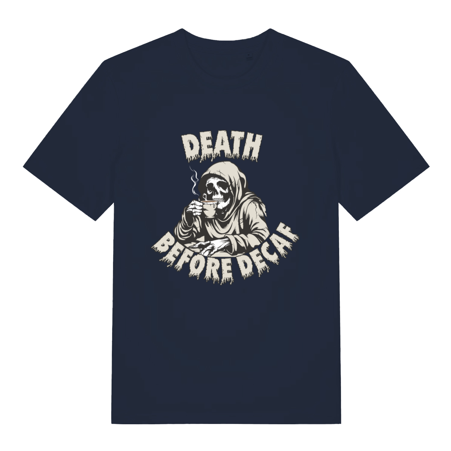 French Navy Death Before Decaf T-shirt flat lay featuring funny "Death Before Decaf" skeleton design