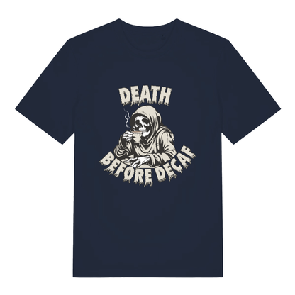 French Navy Death Before Decaf T-shirt flat lay featuring funny "Death Before Decaf" skeleton design