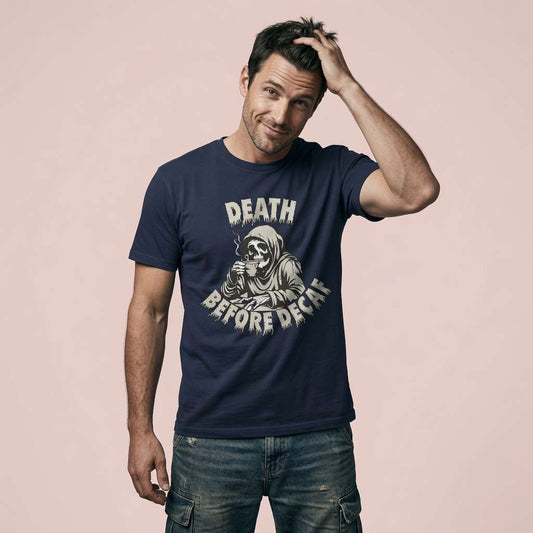 Man in french navy Death Before Decaf t-shirt, mens funny decaf coffee graphic