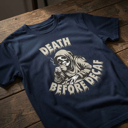 French navy Death Before Decaf t-shirt with grim reaper drinking coffee graphic