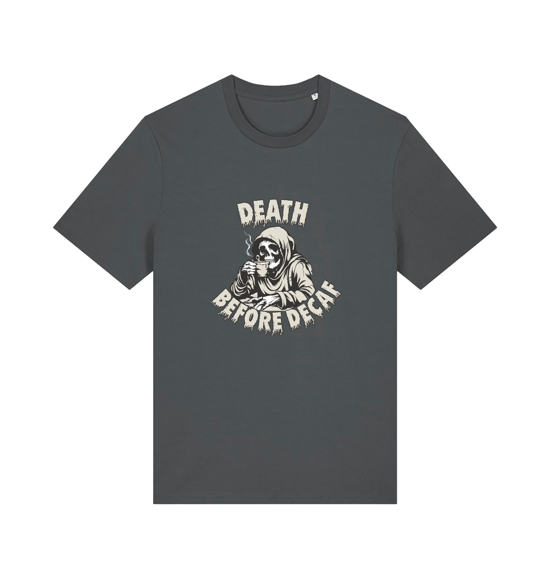grey graphic t-shirt with a skeleton in robe drinking a coffe and the slogan 'death before decaf'