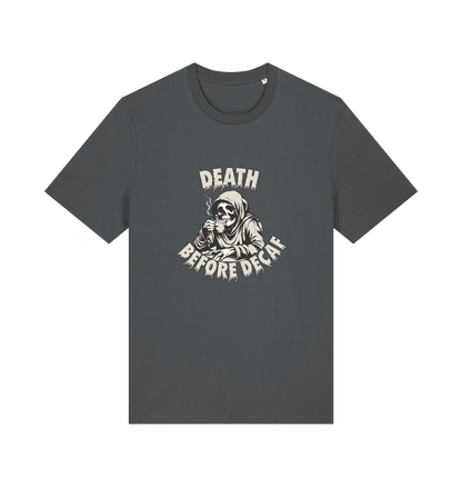 grey graphic t-shirt with a skeleton in robe drinking a coffe and the slogan 'death before decaf'