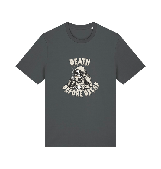 grey graphic t-shirt with a skeleton in robe drinking a coffe and the slogan 'death before decaf'