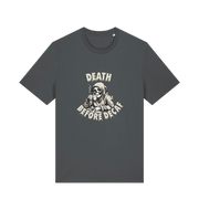 grey graphic t-shirt with a skeleton in robe drinking a coffe and the slogan 'death before decaf'