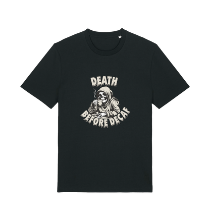 black graphic t-shirt with a skeleton in robe drinking a coffe and the slogan 'death before decaf'