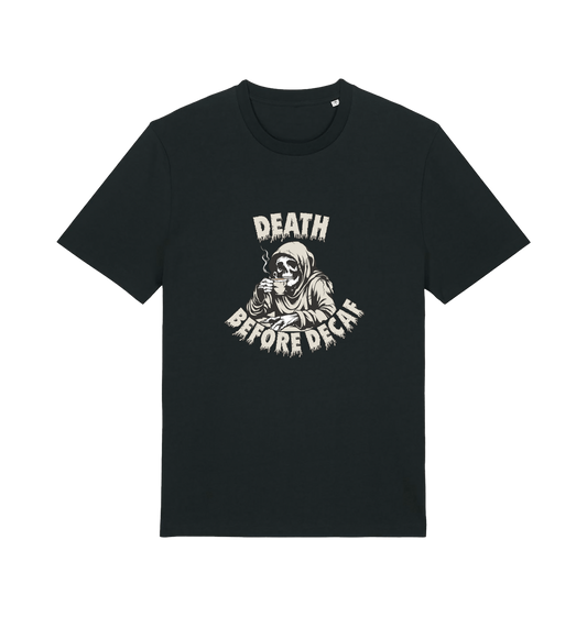 black graphic t-shirt with a skeleton in robe drinking a coffe and the slogan 'death before decaf'