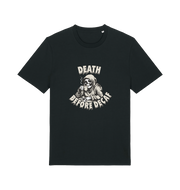 black graphic t-shirt with a skeleton in robe drinking a coffe and the slogan 'death before decaf'