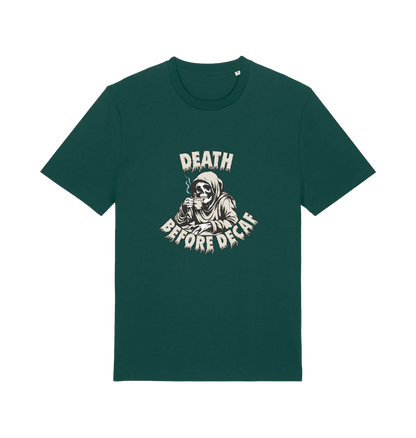 green graphic t-shirt with a skeleton in robe drinking a coffe and the slogan 'death before decaf'