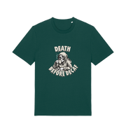 green graphic t-shirt with a skeleton in robe drinking a coffe and the slogan 'death before decaf'