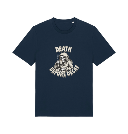 navy graphic t-shirt with a skeleton in robe drinking a coffe and the slogan 'death before decaf'