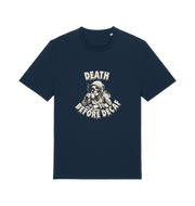 navy graphic t-shirt with a skeleton in robe drinking a coffe and the slogan 'death before decaf'