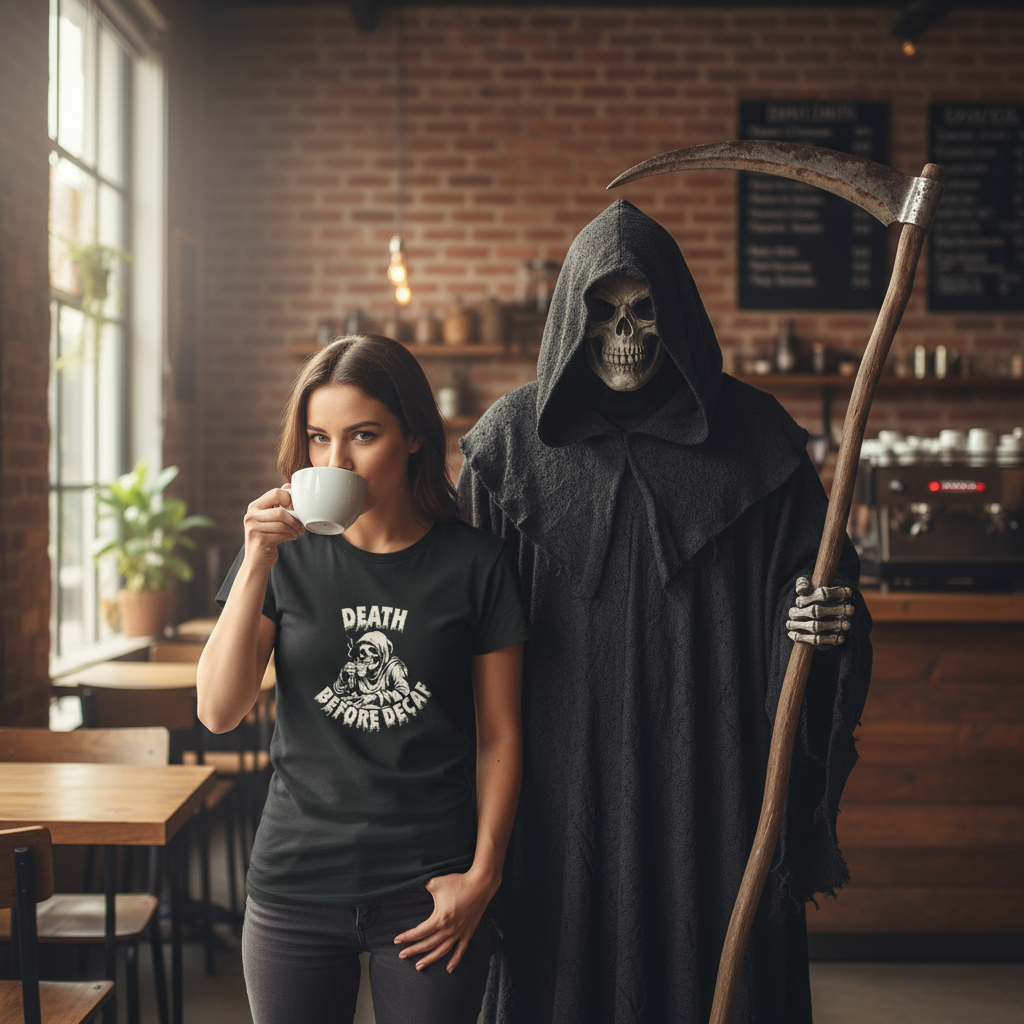 Person wearing a 'Death Before Decaf' t-shirt standing next to a skeleton in a Grim Reaper costume in a coffee shop.