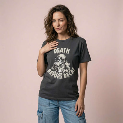 Woman in black Death Before Decaf tee, fun decaf coffee reaper ladies graphic
