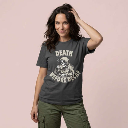 Woman in black Death Before Decaf t-shirt, funny coffee ladies graphic tee