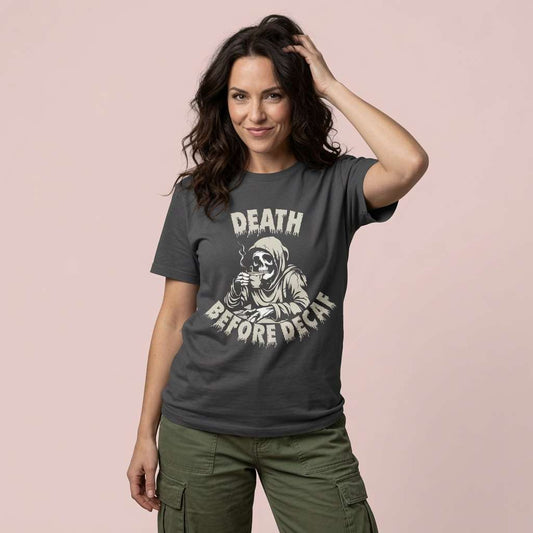 Woman in black Death Before Decaf t-shirt, funny coffee ladies graphic tee