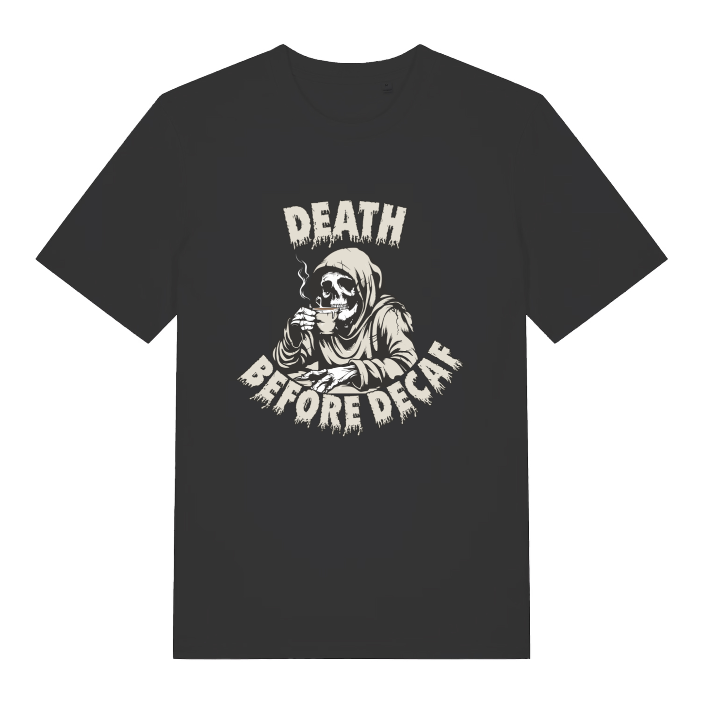 Black women's Death Before Decaf T-shirt flat lay with Grim Reaper skeleton drinking coffee graphic