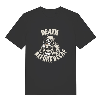 Black women's Death Before Decaf T-shirt flat lay with Grim Reaper skeleton drinking coffee graphic