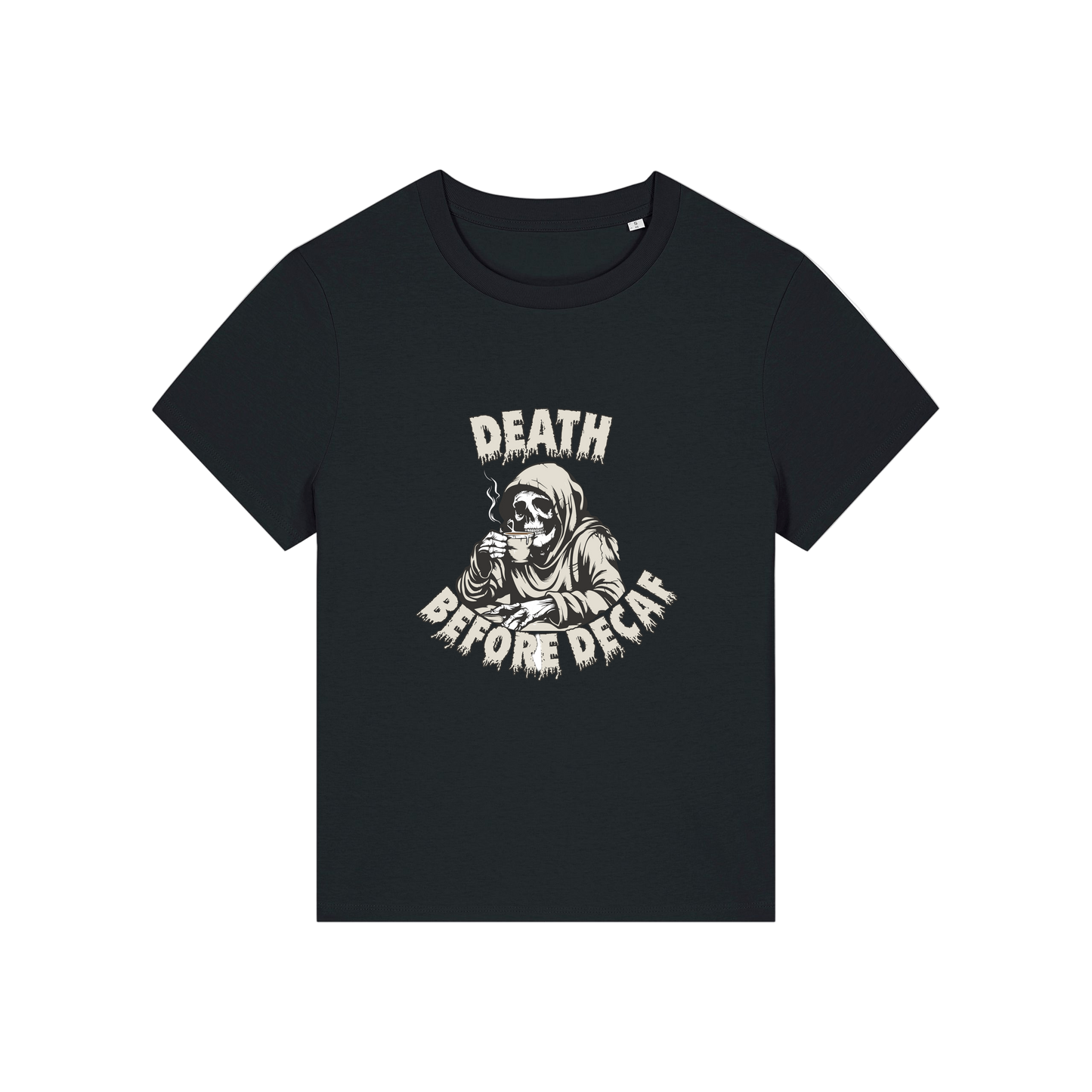 black graphic t-shirt with the grim reaper drinking coffee and the slogan 'death before decaf'