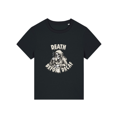black graphic t-shirt with the grim reaper drinking coffee and the slogan 'death before decaf'
