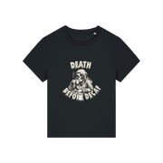 black graphic t-shirt with the grim reaper drinking coffee and the slogan 'death before decaf'