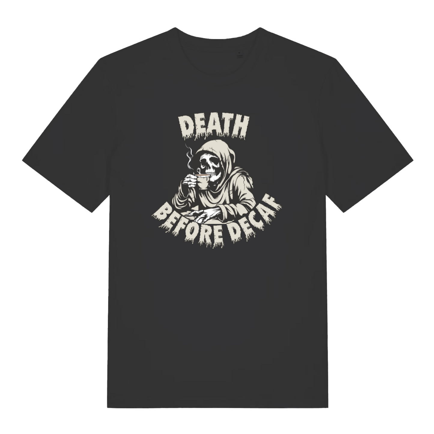 black women's graphic t-shirt with a grim reaper design and the slogan 'death before decaf'