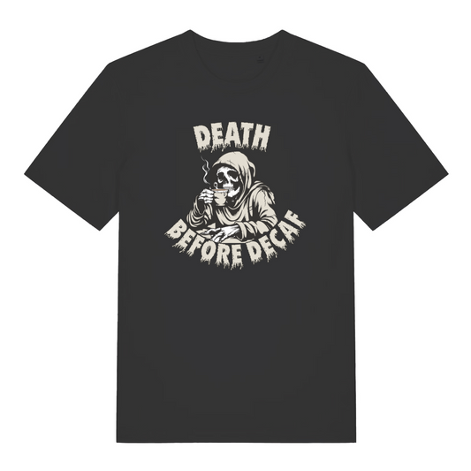 black women's graphic t-shirt with a grim reaper design and the slogan 'death before decaf'