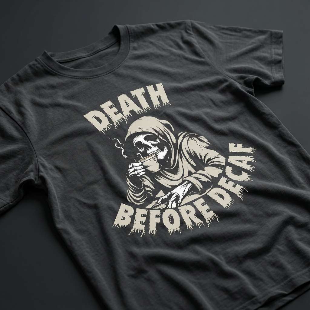 Black Death Before Decaf t-shirt with reaper drinking coffee graphic