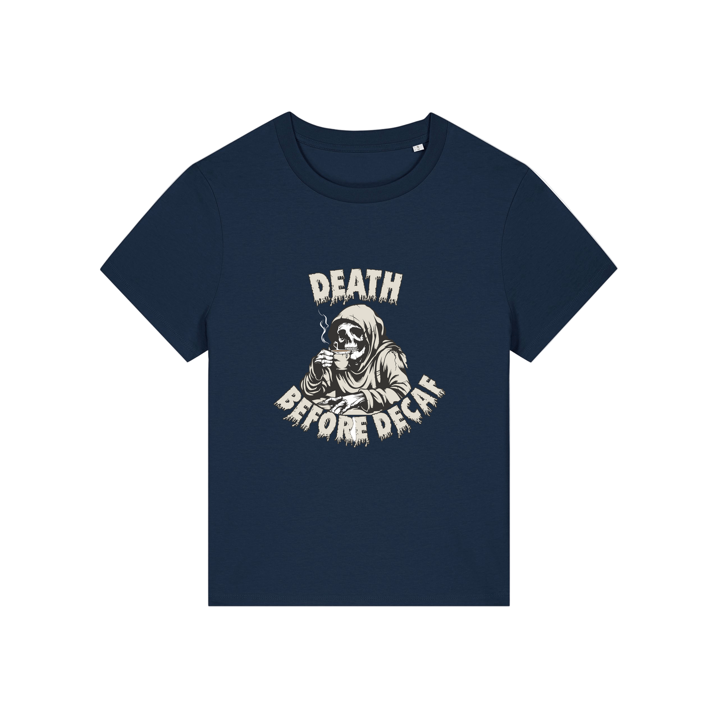 navy graphic t-shirt with the grim reaper drinking coffee and the slogan 'death before decaf'