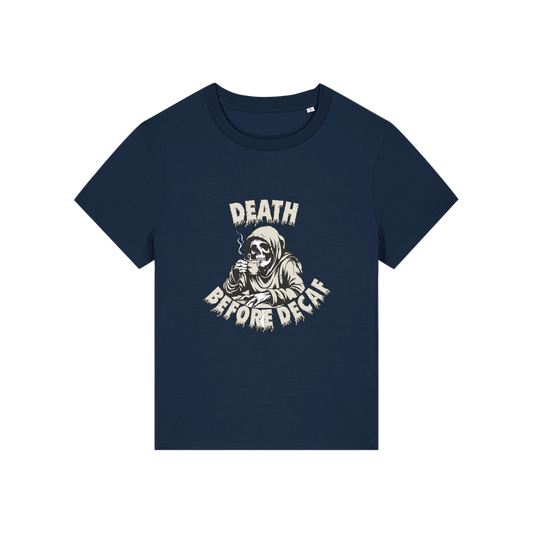 navy graphic t-shirt with the grim reaper drinking coffee and the slogan 'death before decaf'