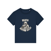 navy graphic t-shirt with the grim reaper drinking coffee and the slogan 'death before decaf'