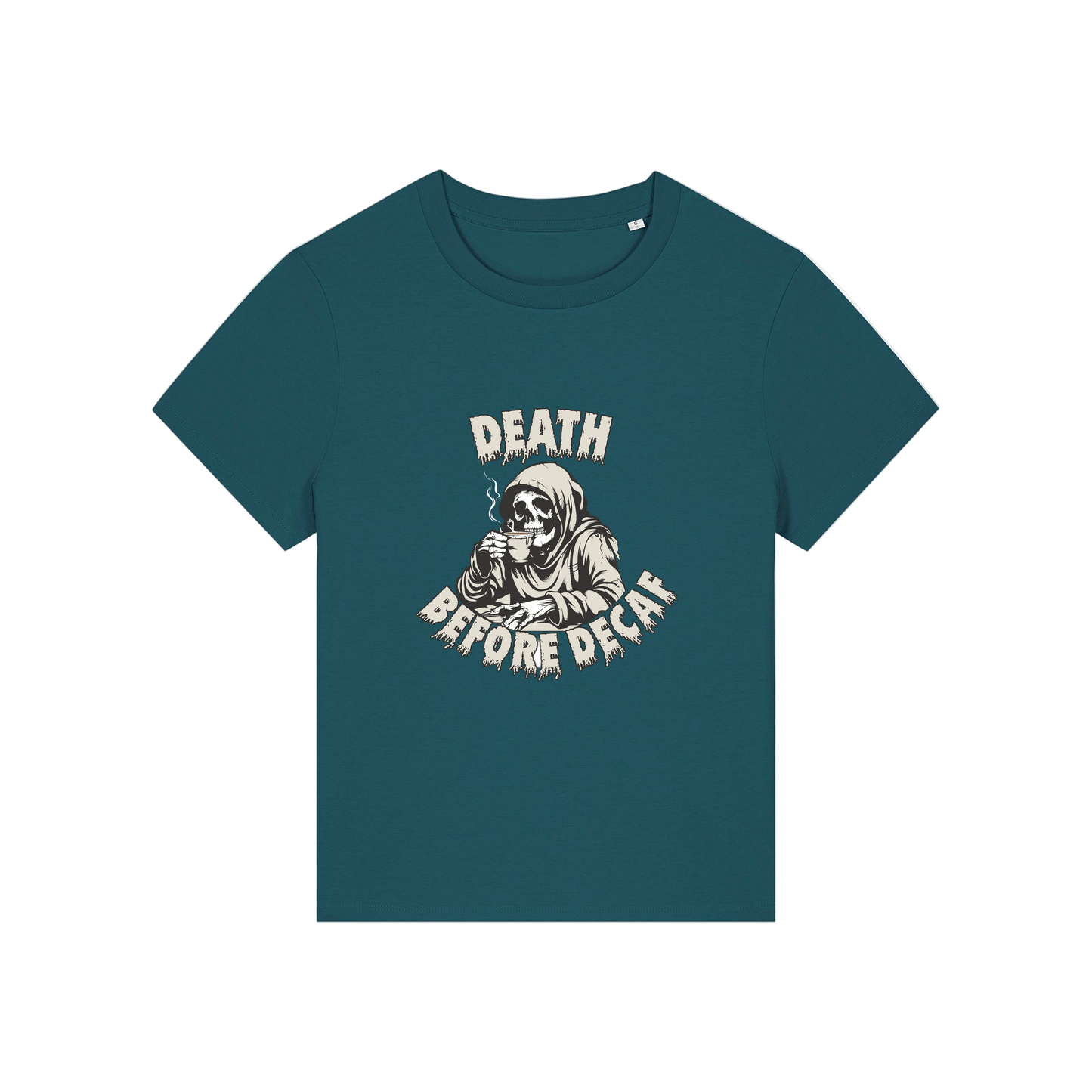 teal graphic t-shirt with the grim reaper drinking coffee and the slogan 'death before decaf'