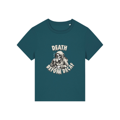 teal graphic t-shirt with the grim reaper drinking coffee and the slogan 'death before decaf'