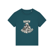 teal graphic t-shirt with the grim reaper drinking coffee and the slogan 'death before decaf'