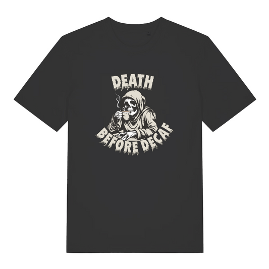 black funny graphic t-shirt with the graphic of a grim reaper and the slogan 'death before decaf'