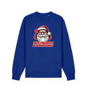 blue christmas jumper with the graphic of santa and the slogan 'deck the halls not your family'