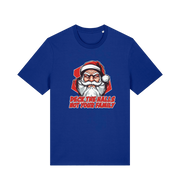 blue christmas tee with the graphic of santa and the slogan 'deck the halls not your family'