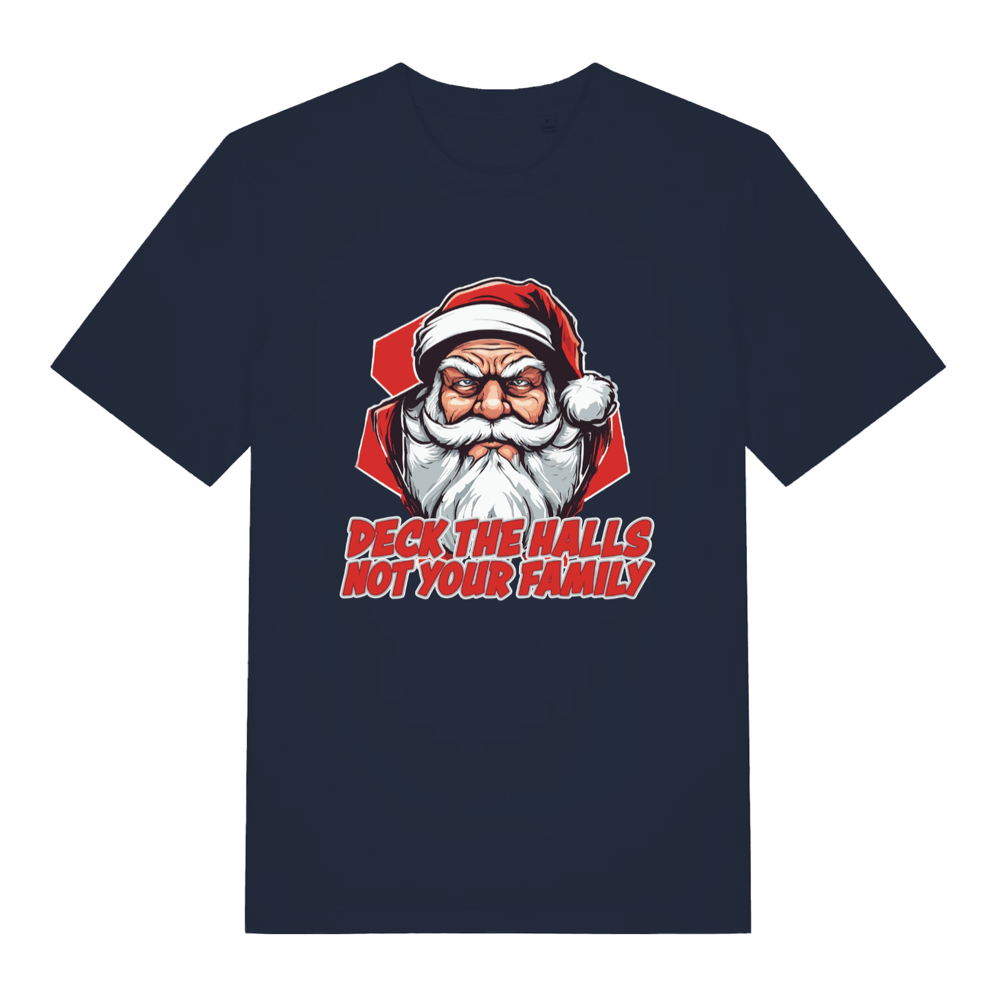 French Navy Deck The Halls T-shirt flat lay featuring funny grumpy Santa Christmas design