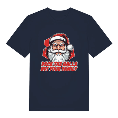 French Navy Deck The Halls T-shirt flat lay featuring funny grumpy Santa Christmas design