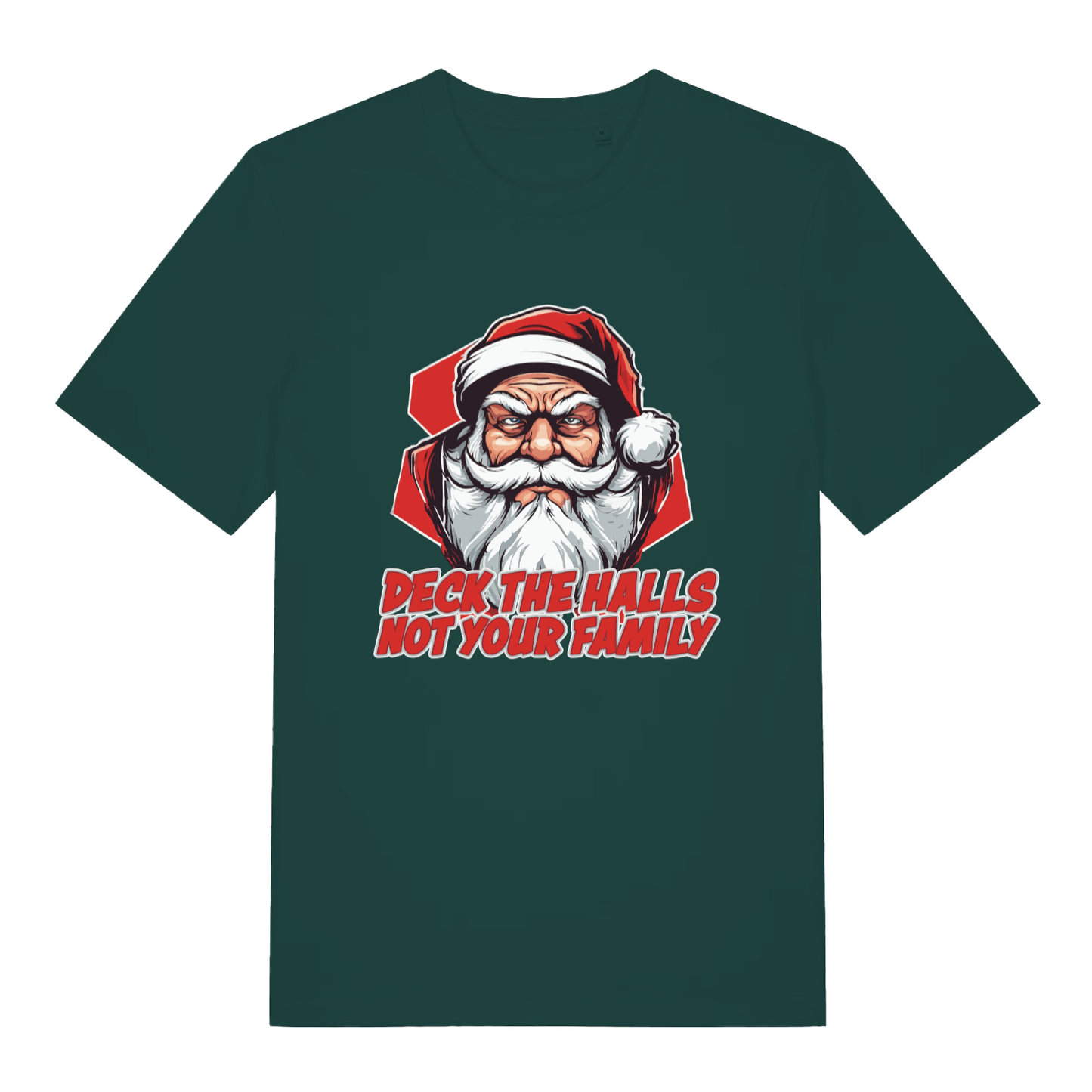 Glazed Green Deck The Halls T-shirt flat lay showing festive angry Santa slogan illustration