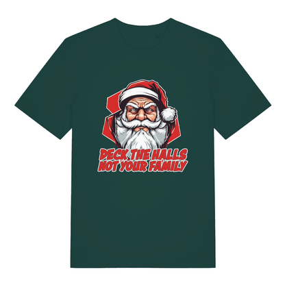 Glazed Green Deck The Halls T-shirt flat lay showing festive angry Santa slogan illustration
