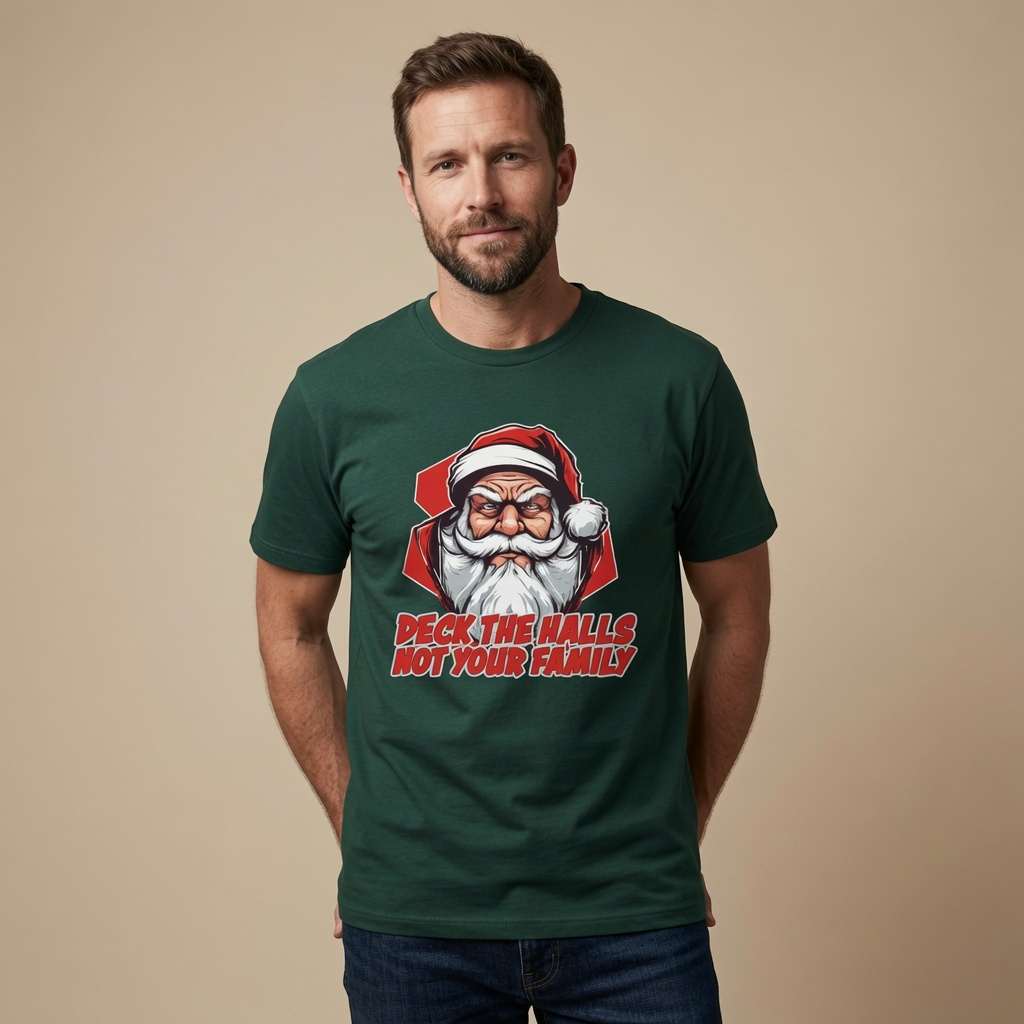 Man in glazed green Deck the Halls Not Your Family tee, funny family Christmas Santa gift