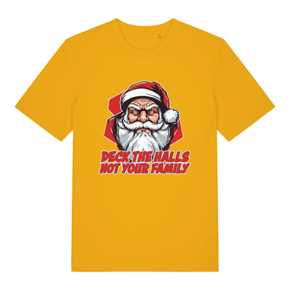 Spectra Yellow Deck The Halls T-shirt flat lay displaying cheeky grumpy Santa Christmas pun