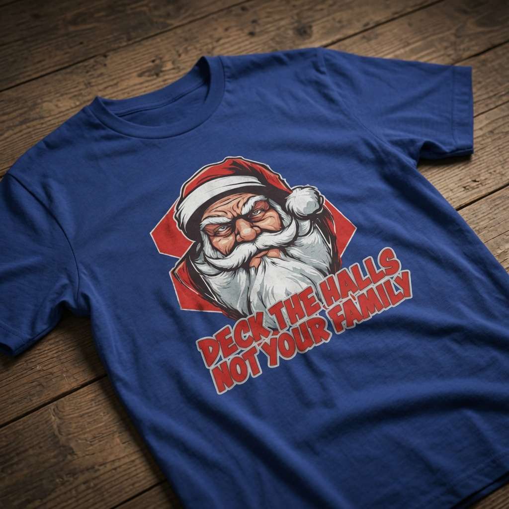 Worker blue Deck the Halls Not Your Family t-shirt with angry Santa graphic