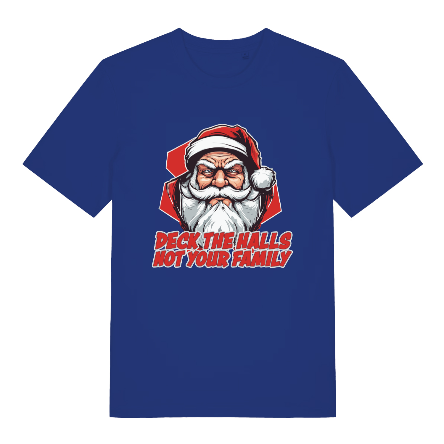 Worker Blue Deck The Halls T-shirt flat lay featuring bold festive Santa family banter graphic