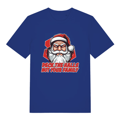 Worker Blue Deck The Halls T-shirt flat lay featuring bold festive Santa family banter graphic