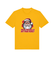 yellow christmas tee with the graphic of santa and the slogan 'deck the halls not your family'