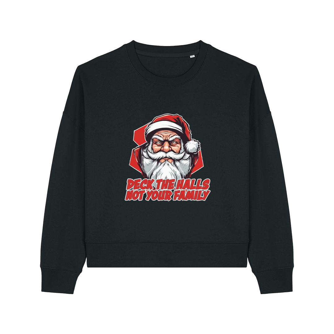 black xmas sweater with the graphic of santa and the slogan 'deck the halls ot your family'
