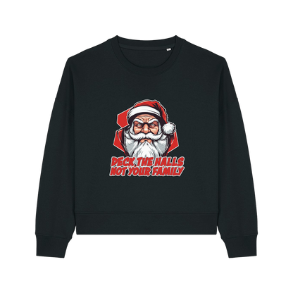 black xmas sweater with the graphic of santa and the slogan 'deck the halls ot your family'