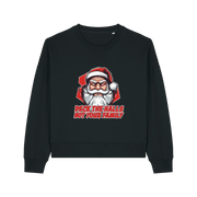 black xmas sweater with the graphic of santa and the slogan 'deck the halls ot your family'