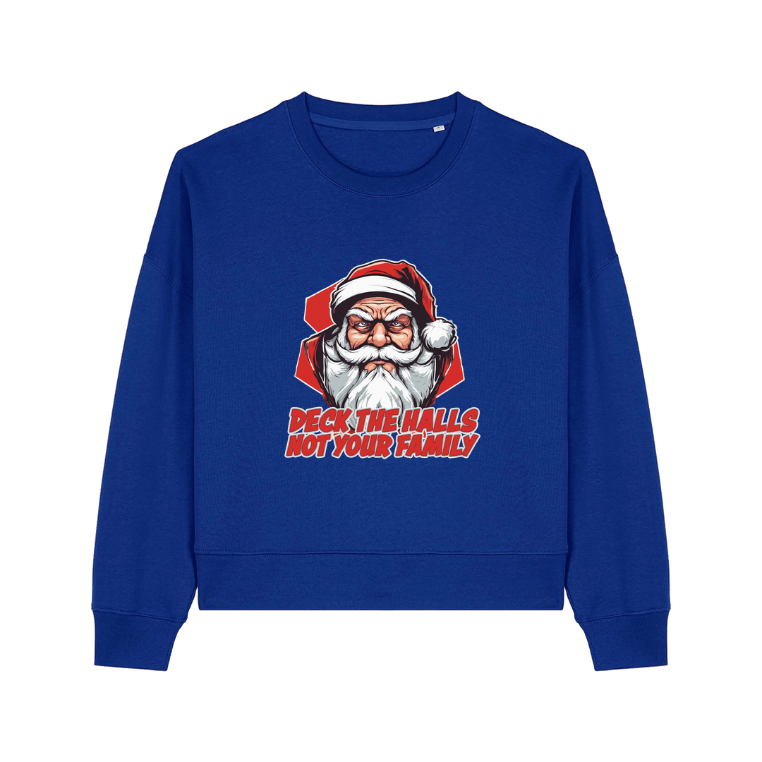 blue xmas sweater with the graphic of santa and the slogan 'deck the halls ot your family'